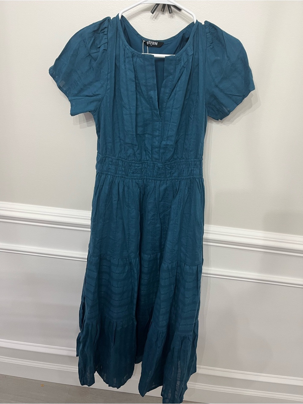 BTFBM Teal Midi Dress Size Small Puff Sleeve Pockets NWT